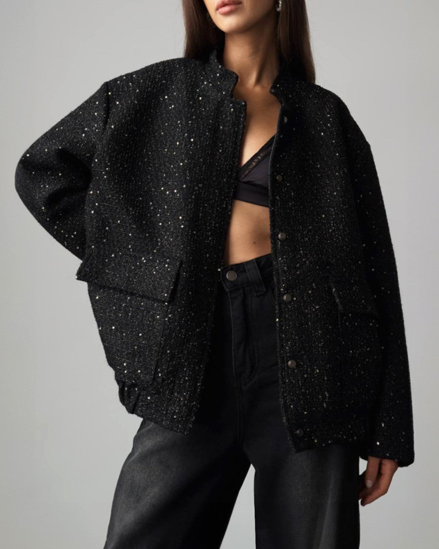 Sequin Tweed Oversized Bomber Jacket - Black - 3