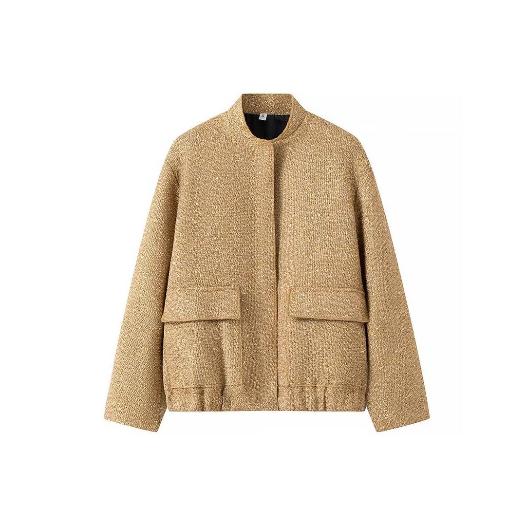 Sequin Tweed Oversized Bomber Jacket - Golden