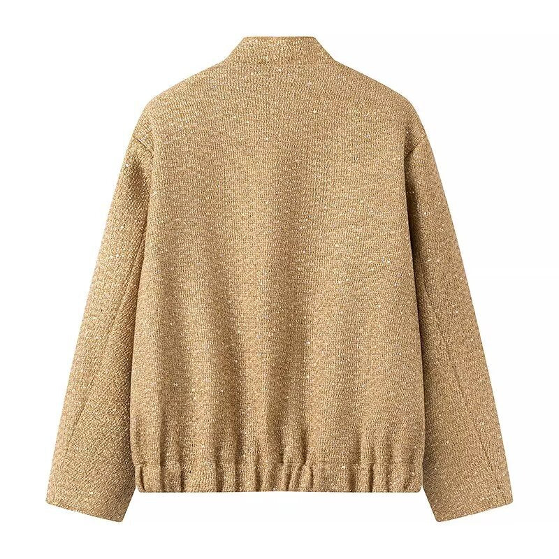 Sequin Tweed Oversized Bomber Jacket - Golden - 1