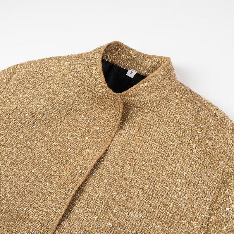 Sequin Tweed Oversized Bomber Jacket - Golden - 2