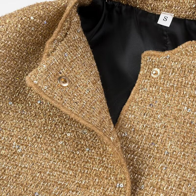 Sequin Tweed Oversized Bomber Jacket - Golden - 3