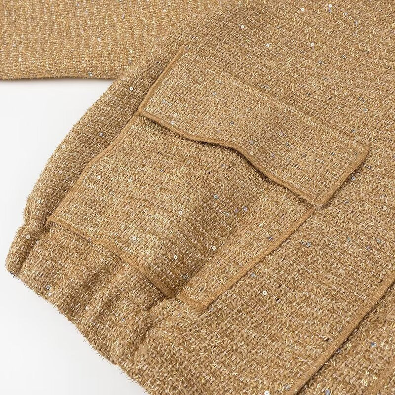 Sequin Tweed Oversized Bomber Jacket - Golden - 4