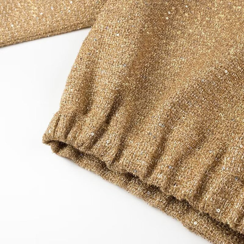Sequin Tweed Oversized Bomber Jacket - Golden - 6
