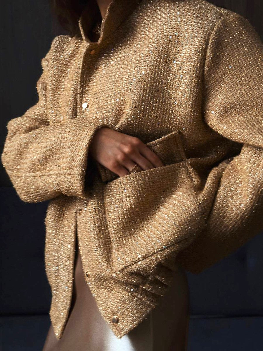 Sequin Tweed Oversized Bomber Jacket - Golden - 7
