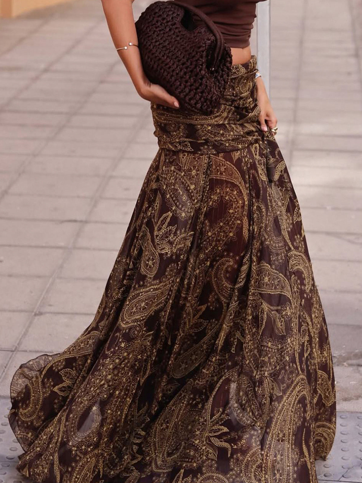 Paisley Print Ruched Waist Maxi Skirt
