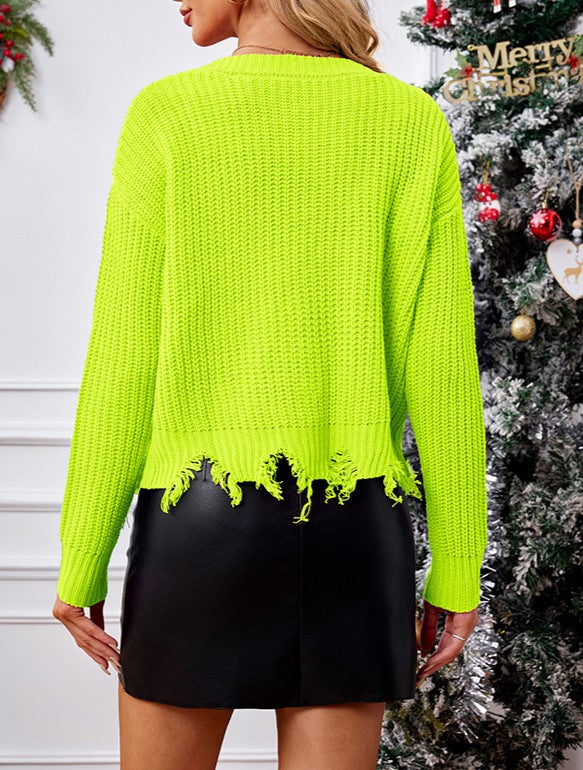 Distressed Hem Christmas Applique Knit Cardigan - Green - 2