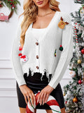 Distressed Hem Christmas Applique Knit Cardigan - White