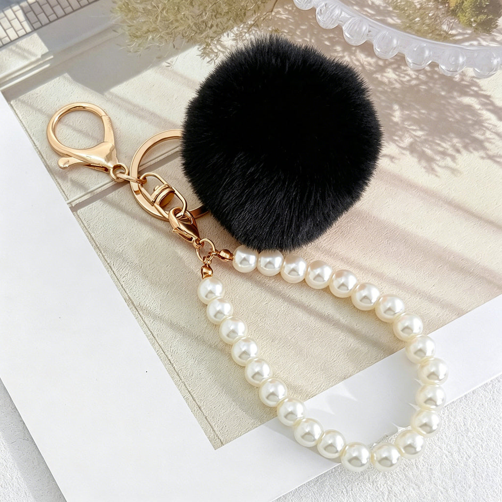 Fluffy Pom Pom Keychain With Beaded Wrist Strap - Black