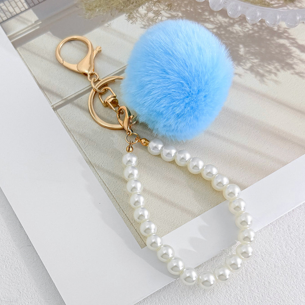 Fluffy Pom Pom Keychain With Beaded Wrist Strap - Blue