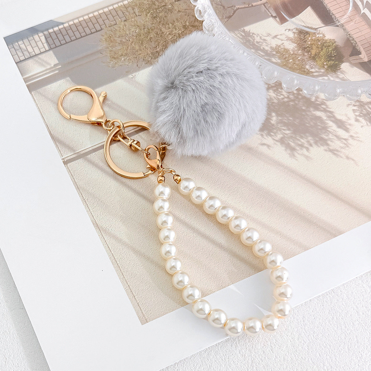 Fluffy Pom Pom Keychain With Beaded Wrist Strap - Grey