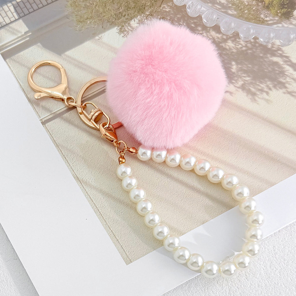 Fluffy Pom Pom Keychain With Beaded Wrist Strap - Light_Pink