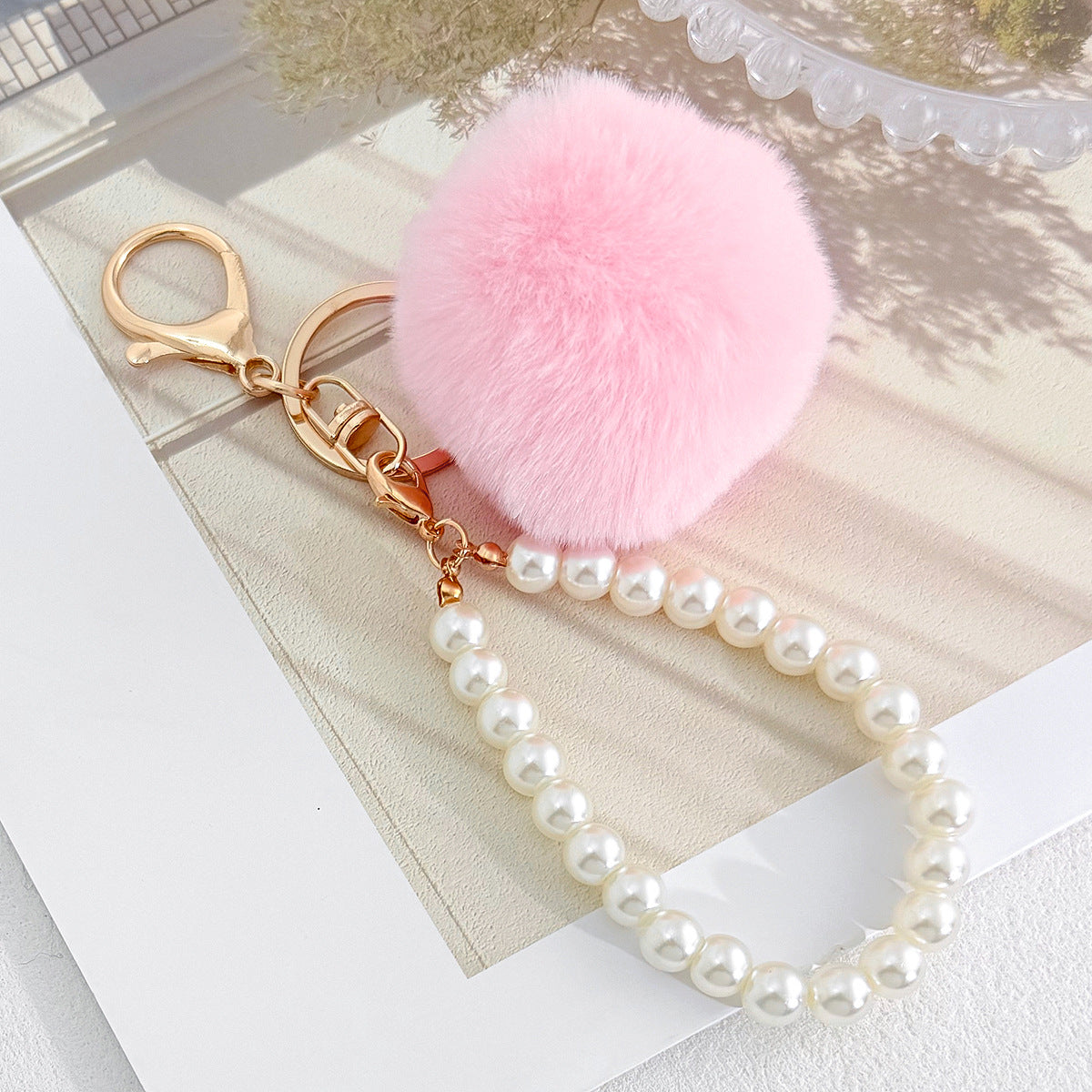 Fluffy Pom Pom Keychain With Beaded Wrist Strap - Light_Pink
