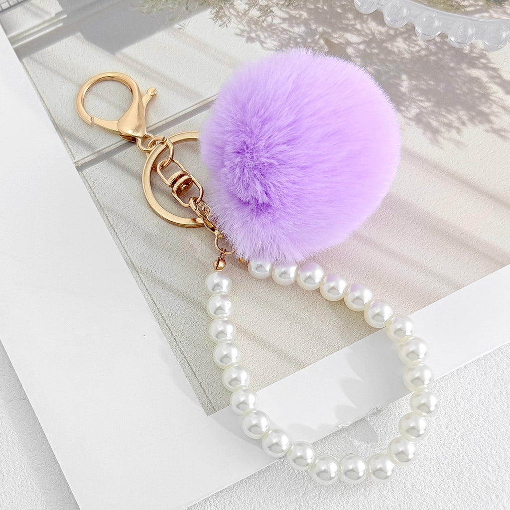 Fluffy Pom Pom Keychain With Beaded Wrist Strap - Purple