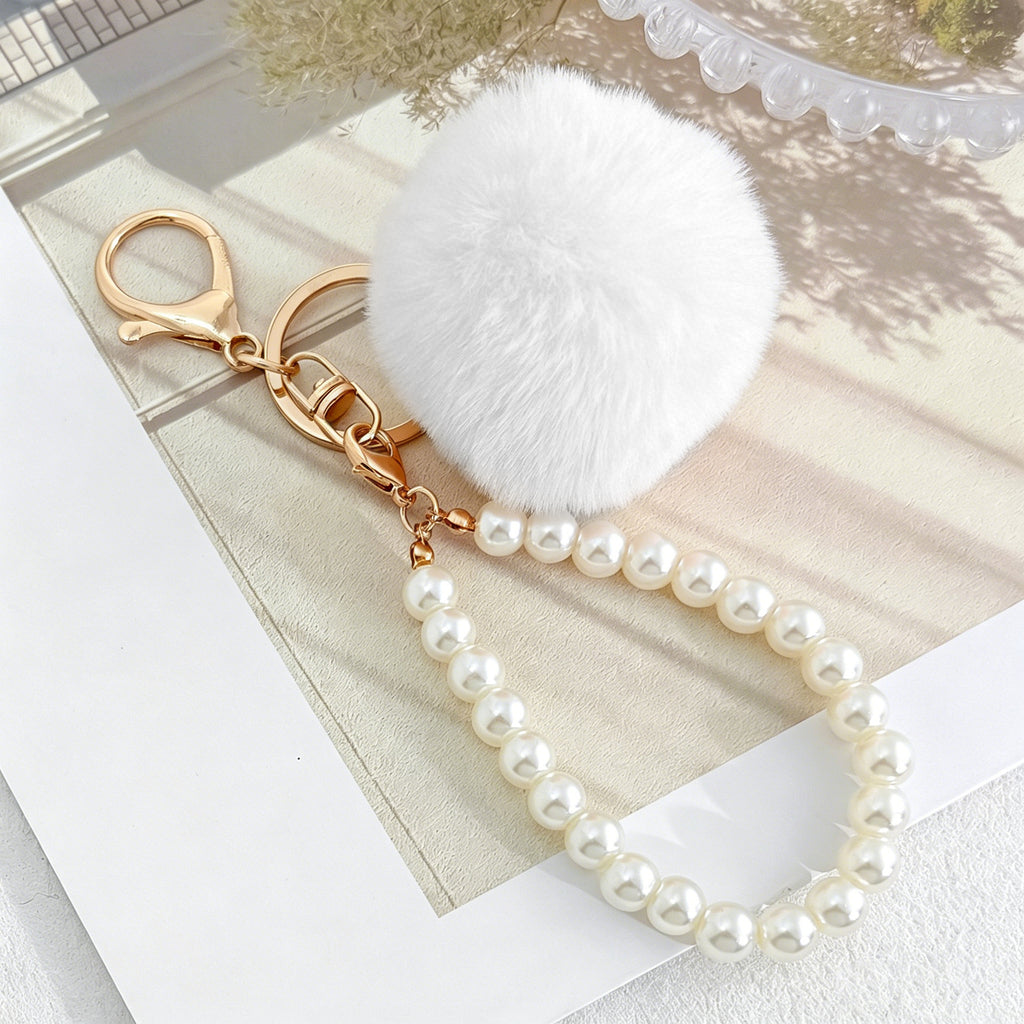Fluffy Pom Pom Keychain With Beaded Wrist Strap - White