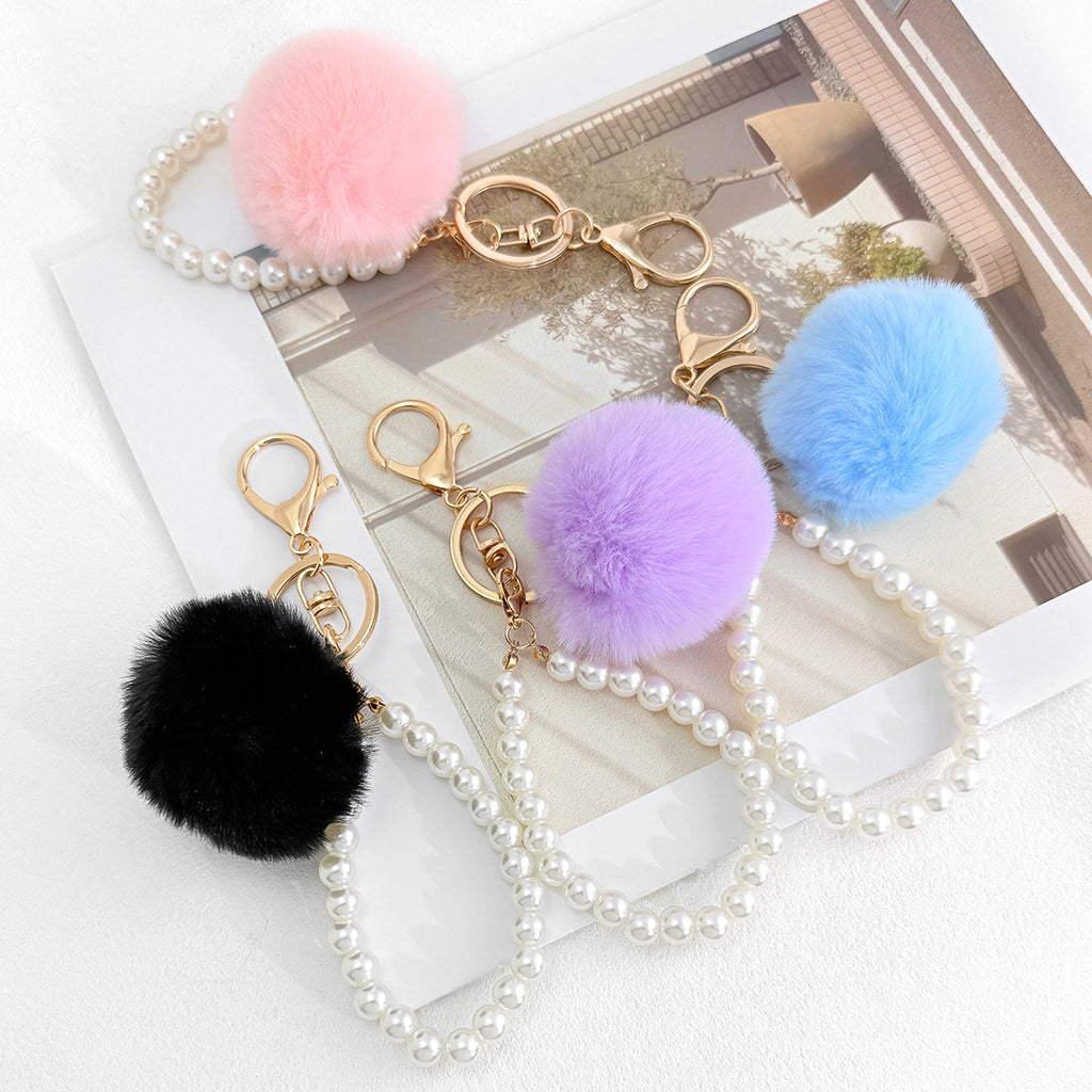 Fluffy Pom Pom Keychain With Beaded Wrist Strap
