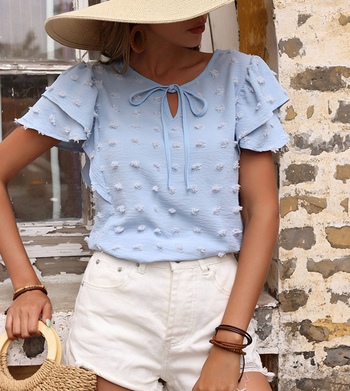 Swiss Dot Tie Neck Flutter Sleeve Top