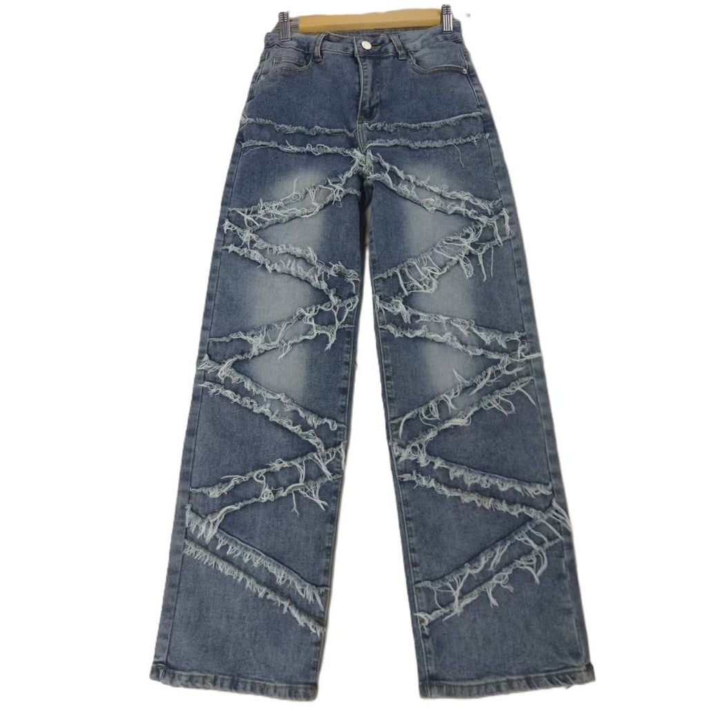 Frayed Seam Wide Leg Western Jeans - Blue