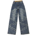 Frayed Seam Wide Leg Western Jeans - Blue