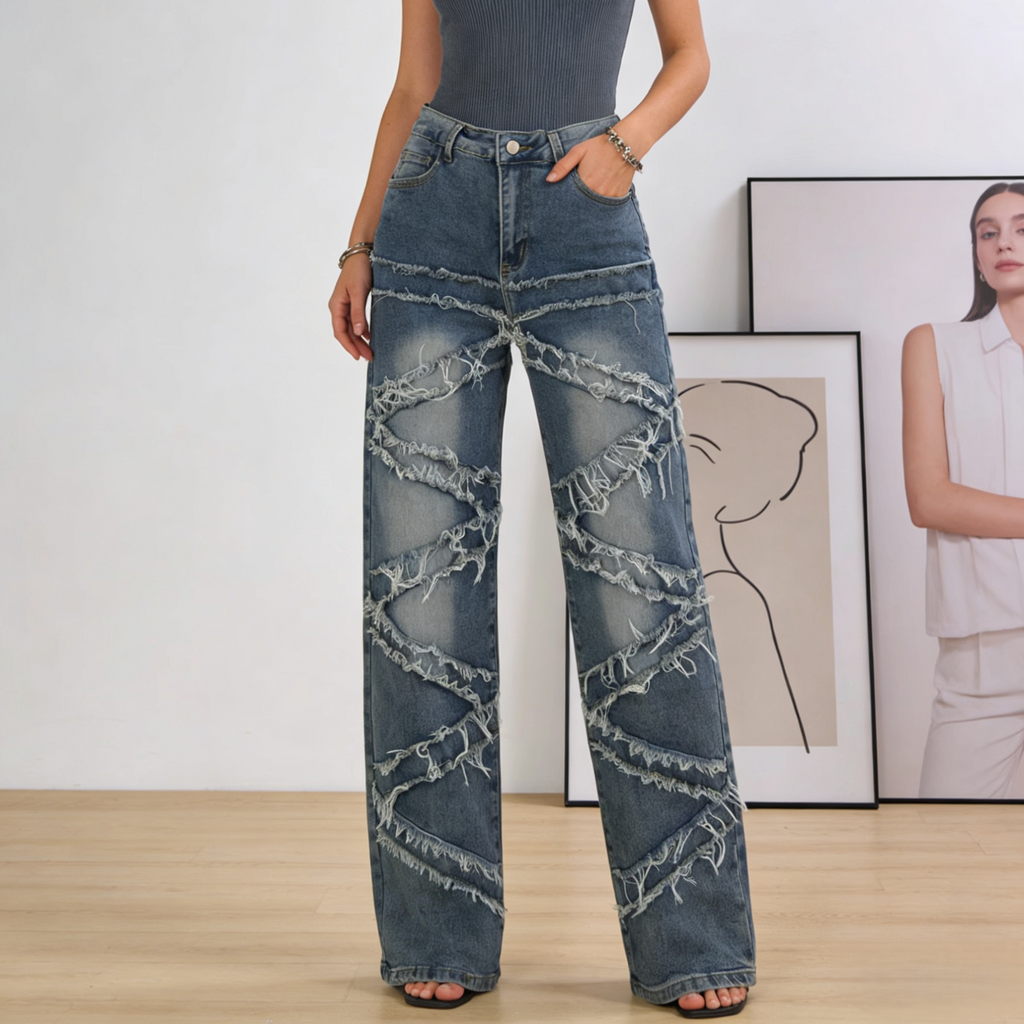 Frayed Seam Wide Leg Western Jeans - Blue - 2