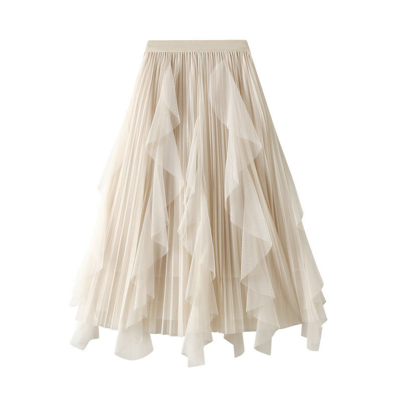 Layered Mesh Tulle Skirt With Cascading Ruffles - Beige