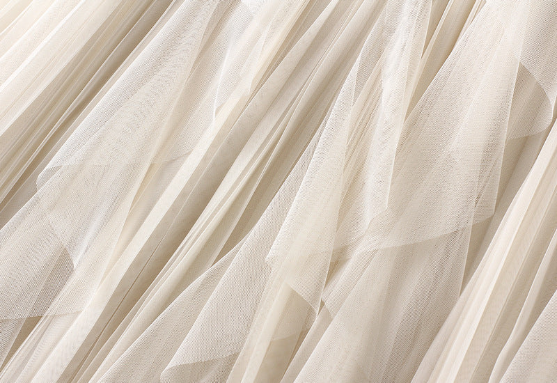 Layered Mesh Tulle Skirt With Cascading Ruffles - Beige - 1