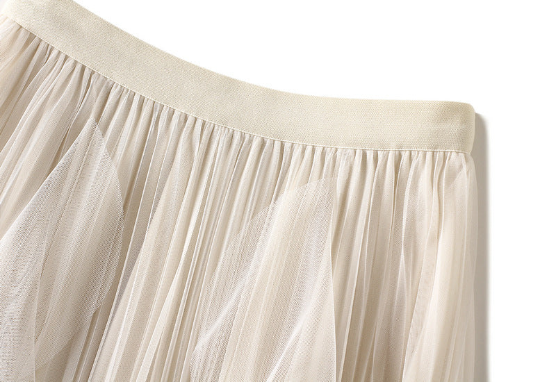 Layered Mesh Tulle Skirt With Cascading Ruffles - Beige - 2