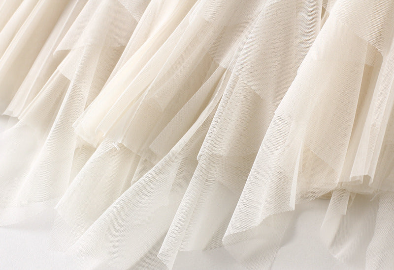 Layered Mesh Tulle Skirt With Cascading Ruffles - Beige - 3
