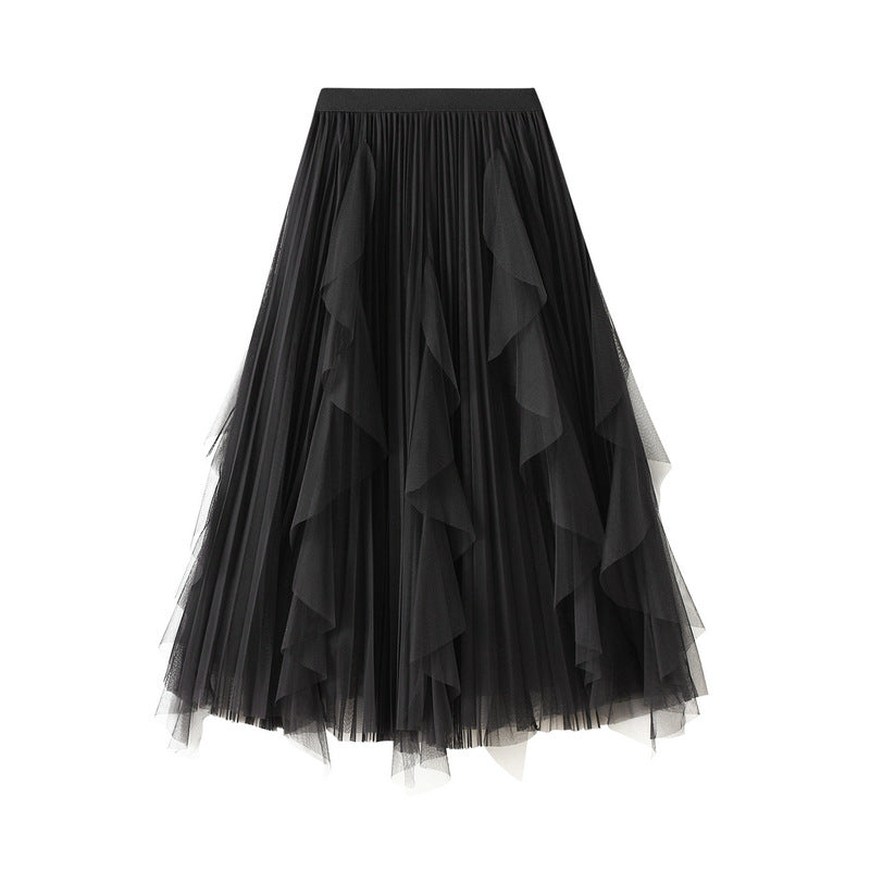Layered Mesh Tulle Skirt With Cascading Ruffles - Black