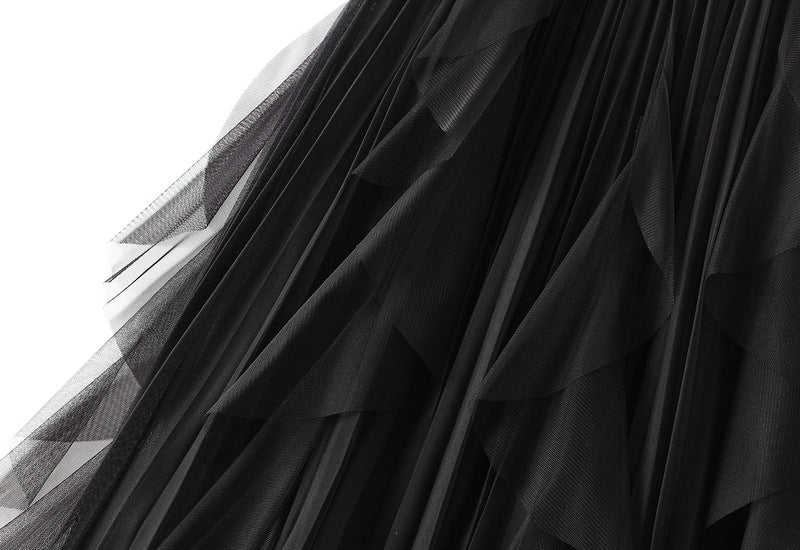 Layered Mesh Tulle Skirt With Cascading Ruffles - Black - 2