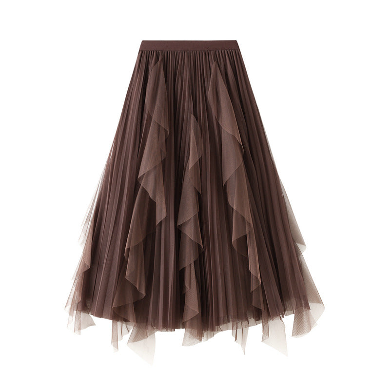 Layered Mesh Tulle Skirt With Cascading Ruffles - Brown