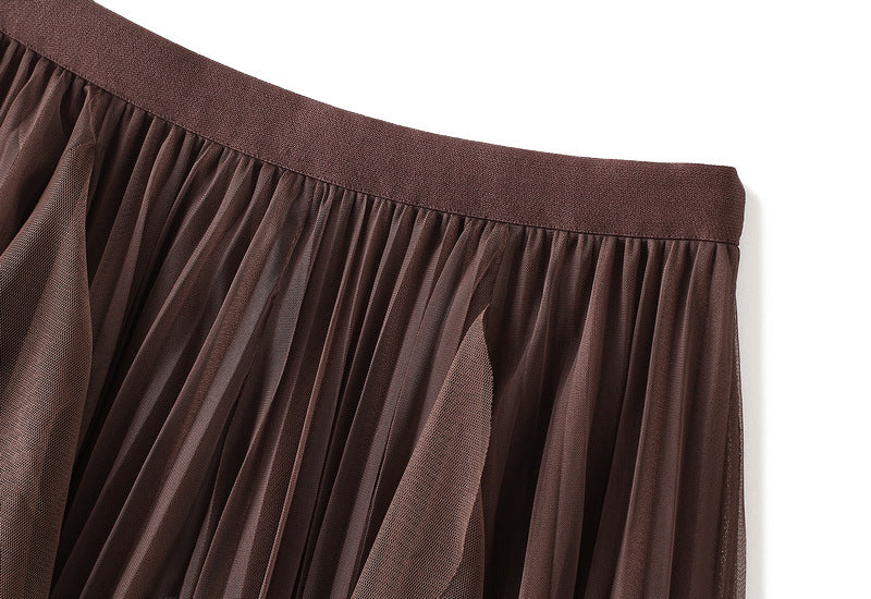 Layered Mesh Tulle Skirt With Cascading Ruffles - Brown - 1