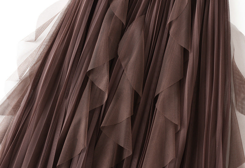 Layered Mesh Tulle Skirt With Cascading Ruffles - Brown - 2