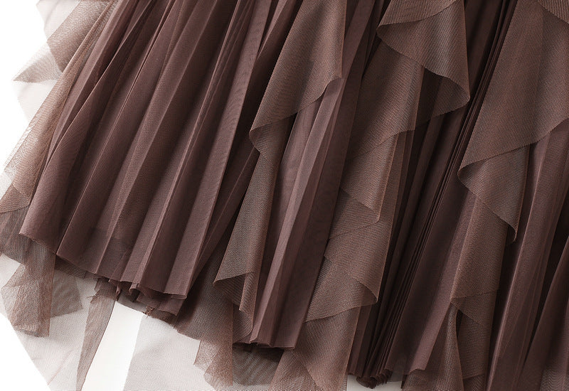 Layered Mesh Tulle Skirt With Cascading Ruffles - Brown - 3