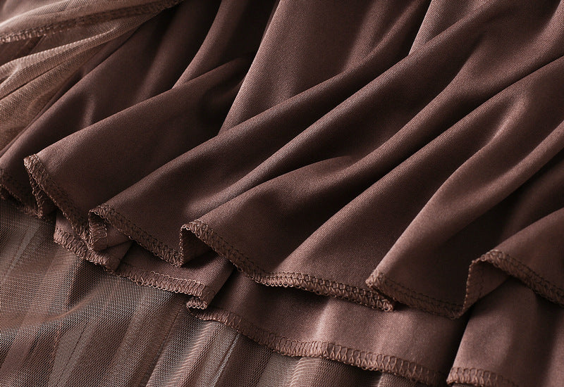 Layered Mesh Tulle Skirt With Cascading Ruffles - Brown - 4