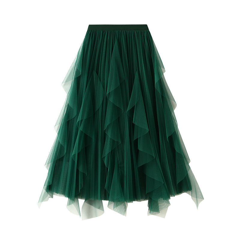 Layered Mesh Tulle Skirt With Cascading Ruffles - Green