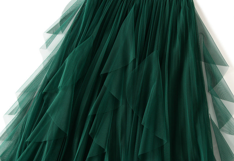 Layered Mesh Tulle Skirt With Cascading Ruffles - Green - 2