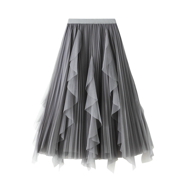Layered Mesh Tulle Skirt With Cascading Ruffles - Grey