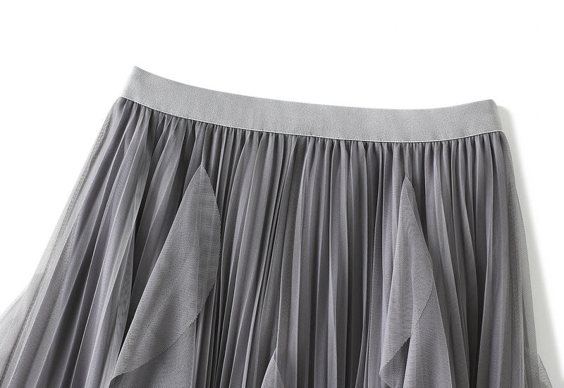 Layered Mesh Tulle Skirt With Cascading Ruffles - Grey - 1