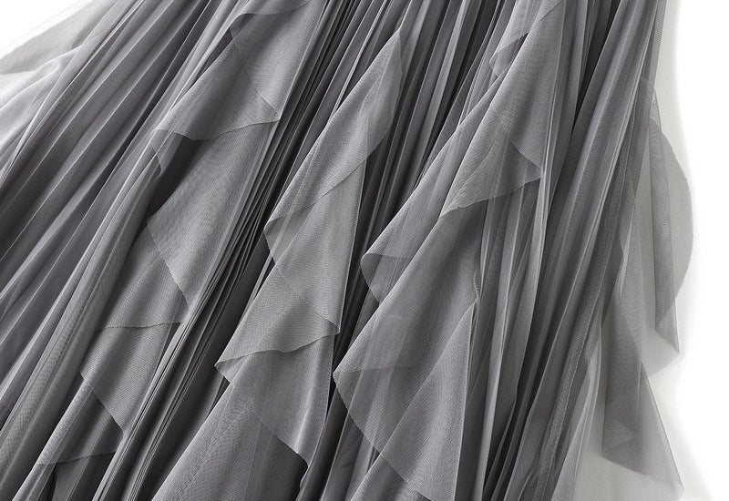 Layered Mesh Tulle Skirt With Cascading Ruffles - Grey - 2