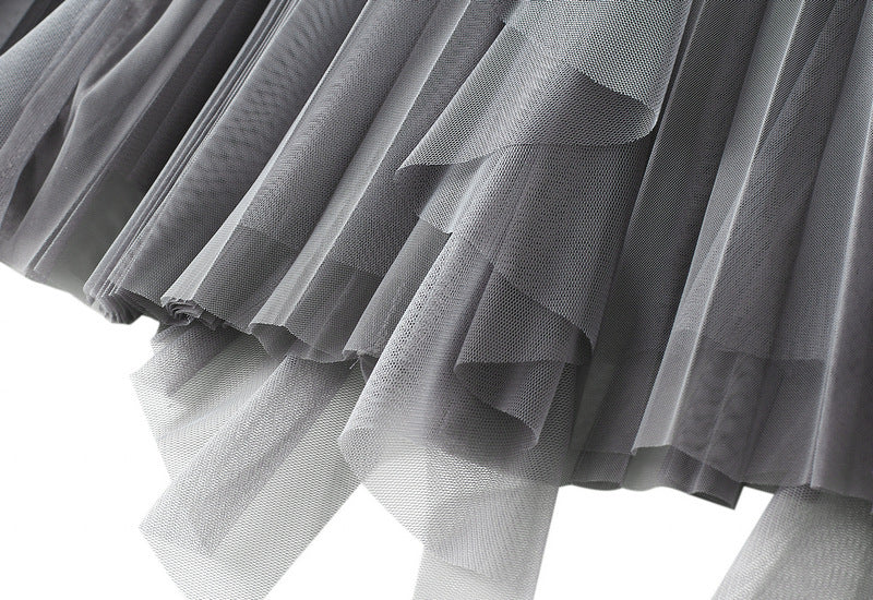 Layered Mesh Tulle Skirt With Cascading Ruffles - Grey - 3