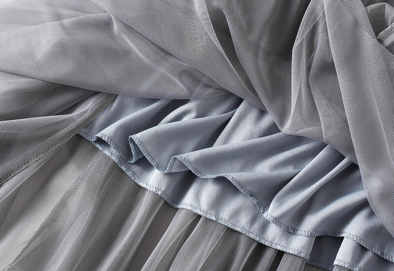 Layered Mesh Tulle Skirt With Cascading Ruffles - Grey - 4