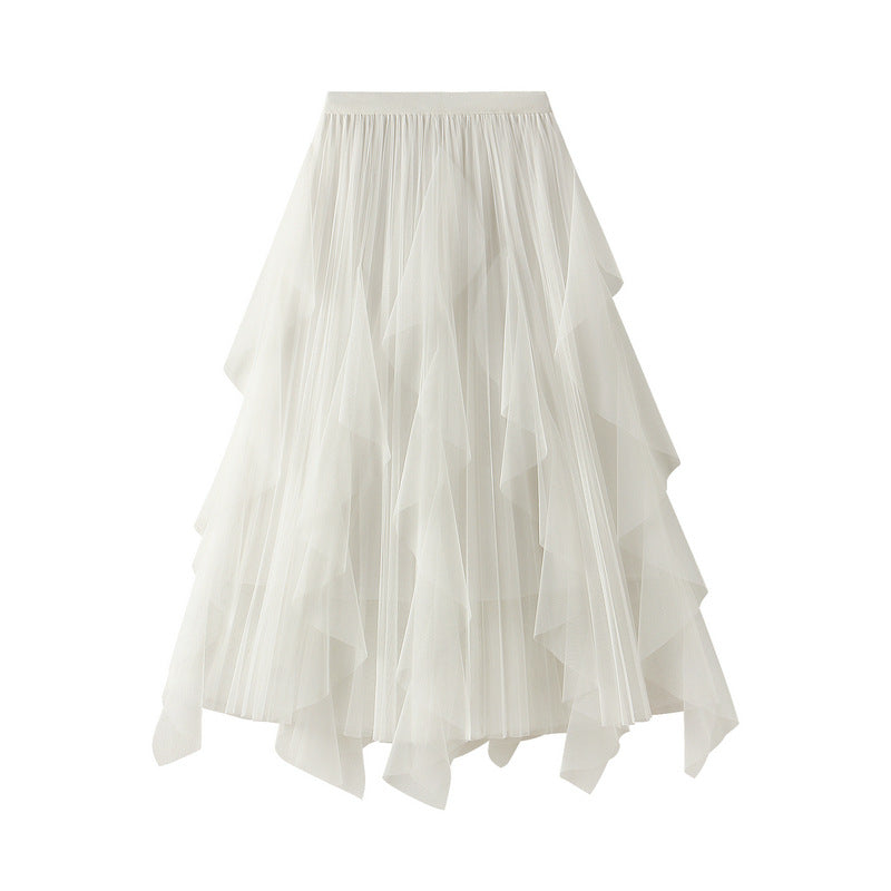 Layered Mesh Tulle Skirt With Cascading Ruffles - White