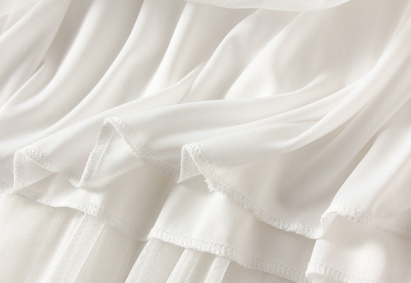 Layered Mesh Tulle Skirt With Cascading Ruffles - White - 4