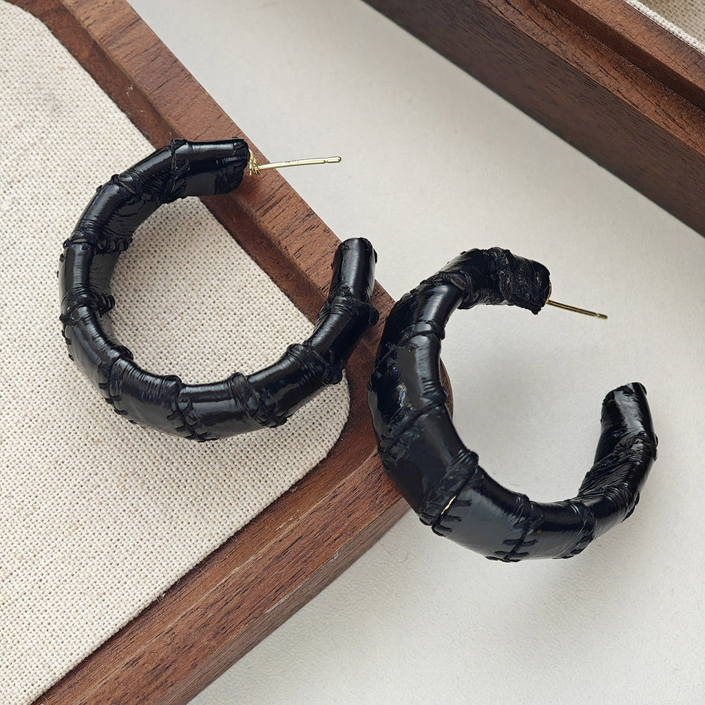 Faux Leather Bamboo Hoop Earrings - Black - 1