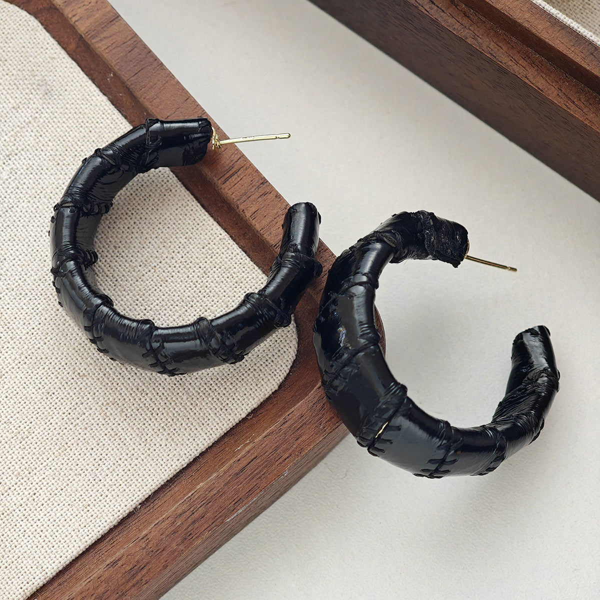 Faux Leather Bamboo Hoop Earrings - Black - 1