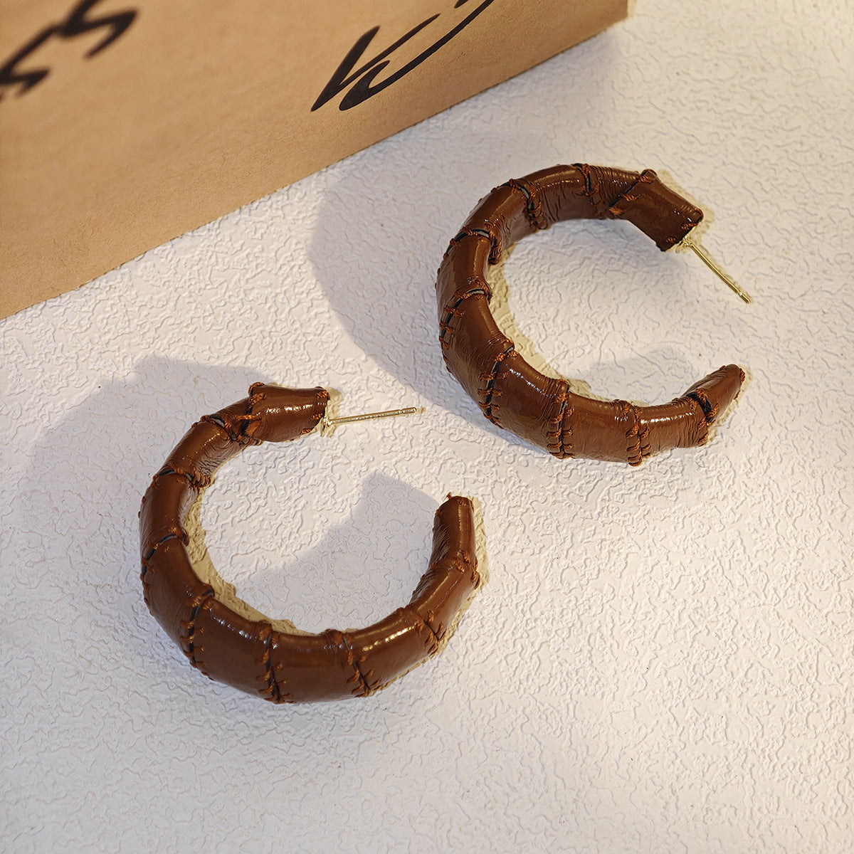 Faux Leather Bamboo Hoop Earrings - Brown
