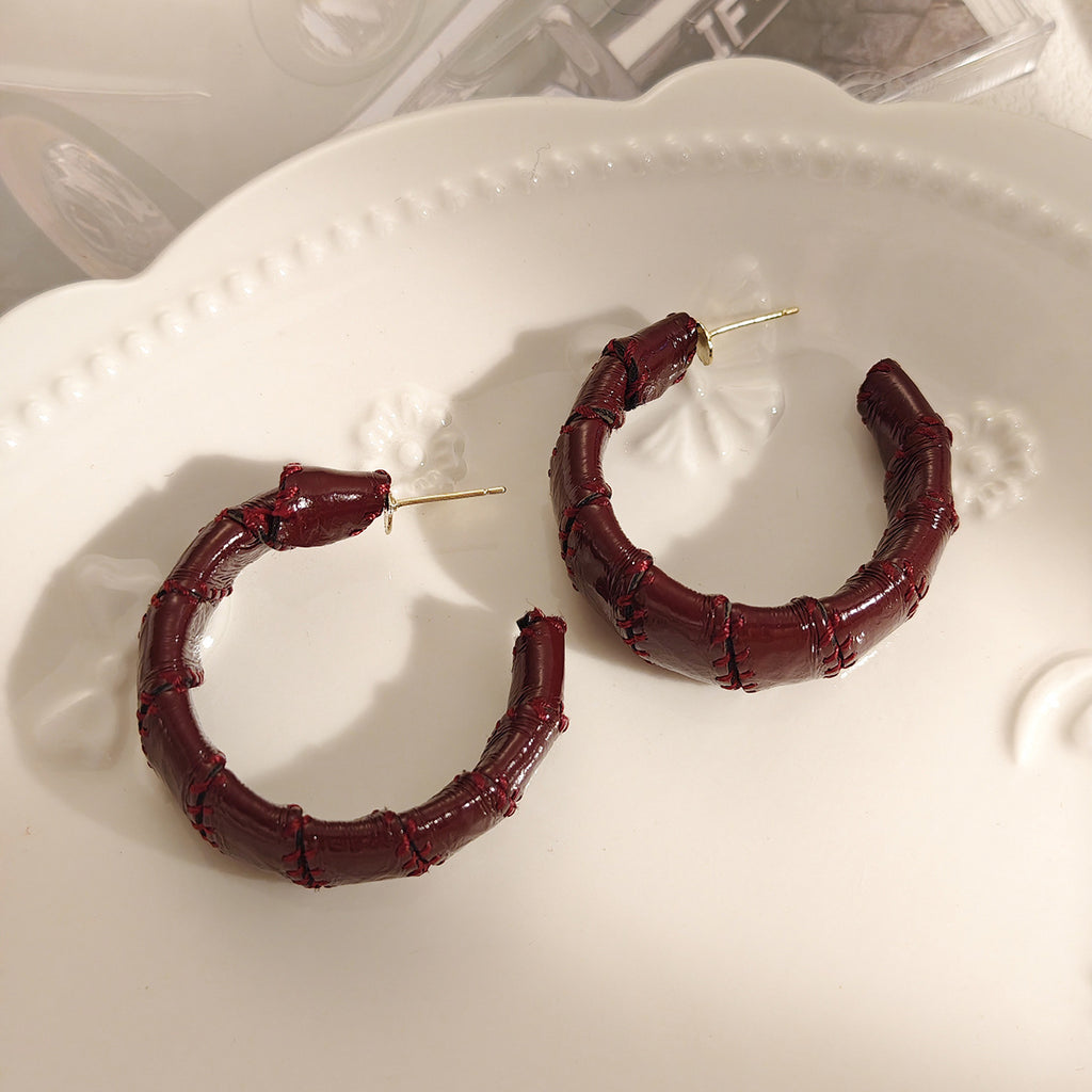 Faux Leather Bamboo Hoop Earrings - Red