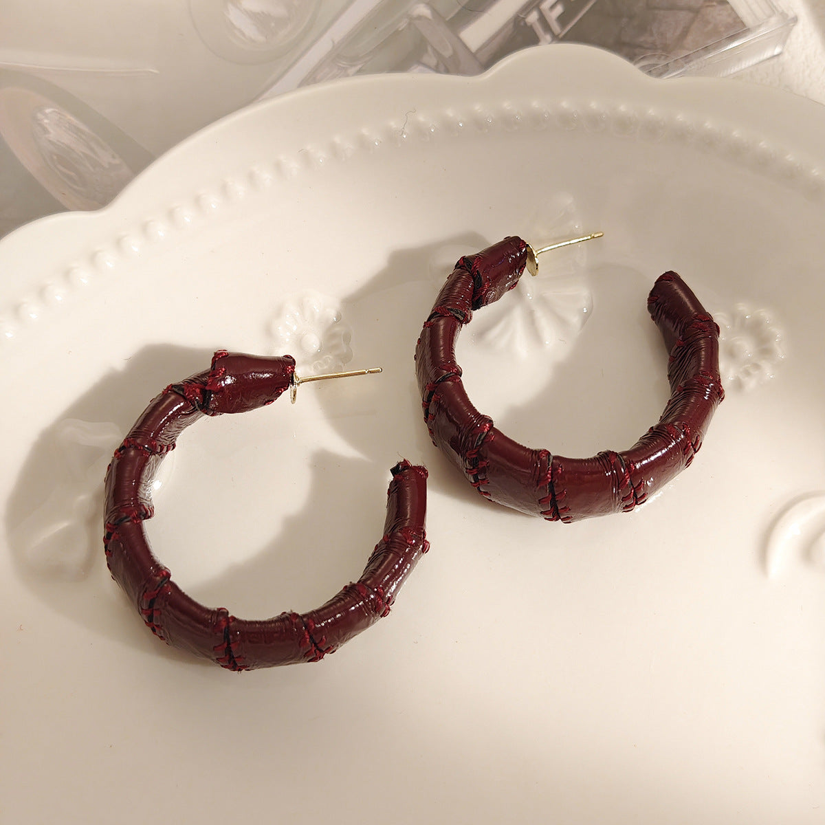 Faux Leather Bamboo Hoop Earrings - Red