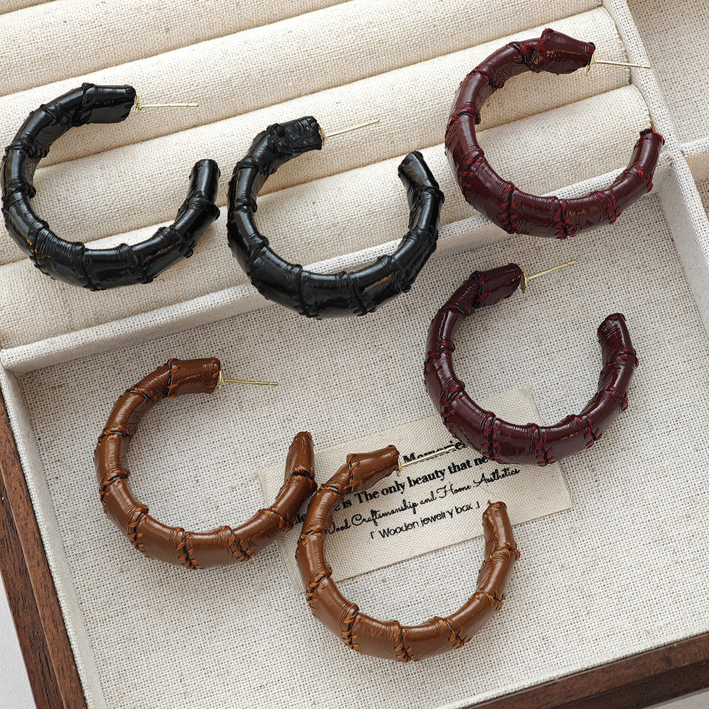 Faux Leather Bamboo Hoop Earrings - Red - 1
