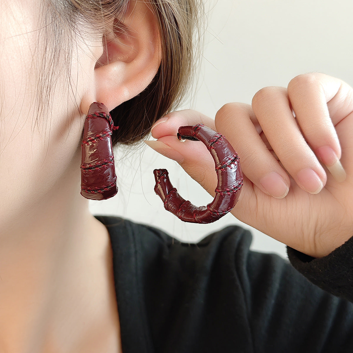 Faux Leather Bamboo Hoop Earrings - view 1